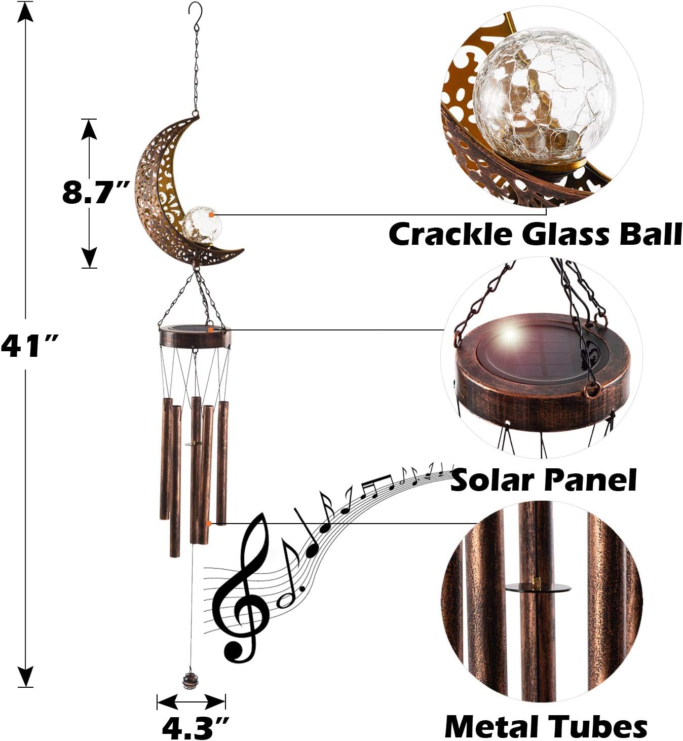 LeiDrail Solar Wind Chimes for Outside Hanging Outdoor Decor Moon Crackle Glass Ball Warm LED Light Sympathy Wind Chime Unique Memorial Gift with Metal Tubes Waterproof for Garden Yard Patio Lawn : Garden & Outdoor