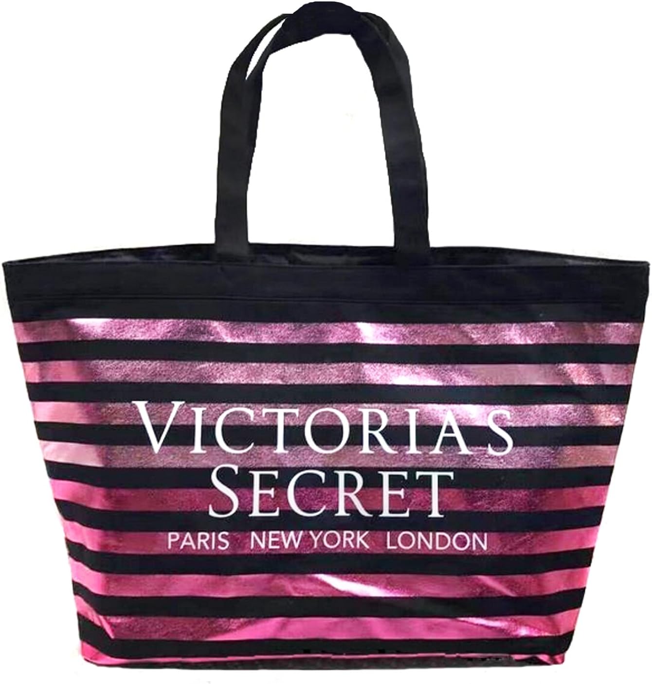 Amazon Com Victorias Secret Metallic Striped Canvas Tote Black Pink Clothing
