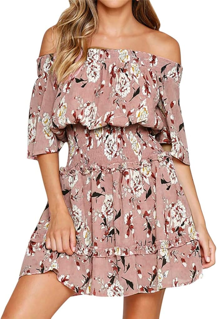 TOPKEAL Damen Kleider Sommer Faltenrock Mode Frauen Kurzarm Off Schulter R/&uuml;Schen Floral Print Ruched Mini Kleid Mode 2019