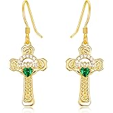 TANGPOET Claddagh Cross Earrings for Women 925 Sterling Silver Celtic Irish Cross Dangle Earrings with Emerald Green Stone Claddagh Jewelry Gifts for Birthday Christmas Valentines Mothers Day