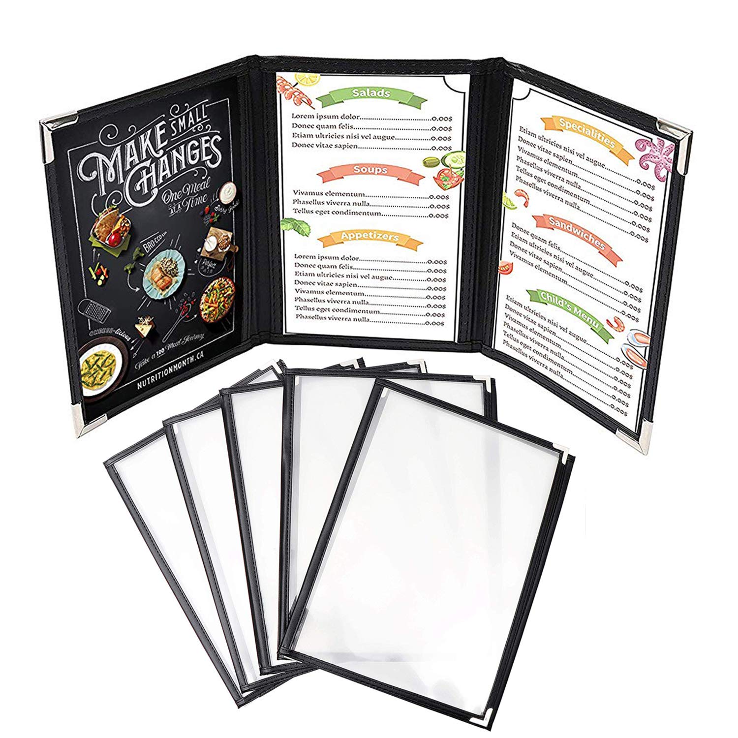 Triple Fold Menu Covers (5 Pack) A4 Clear Vinyl Black Binding Tri