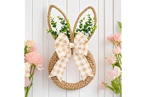 Easter Wreath for Front Door - 18 Inch Farmhouse Easter Decor with Bunny, Rattan & Flowers, Spring Rabbit Wreath for Porch, W