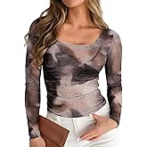 Pink Queen Mesh Top for Women Long Sleeve See Through Shirt Scoop Neck Sheer Blouse