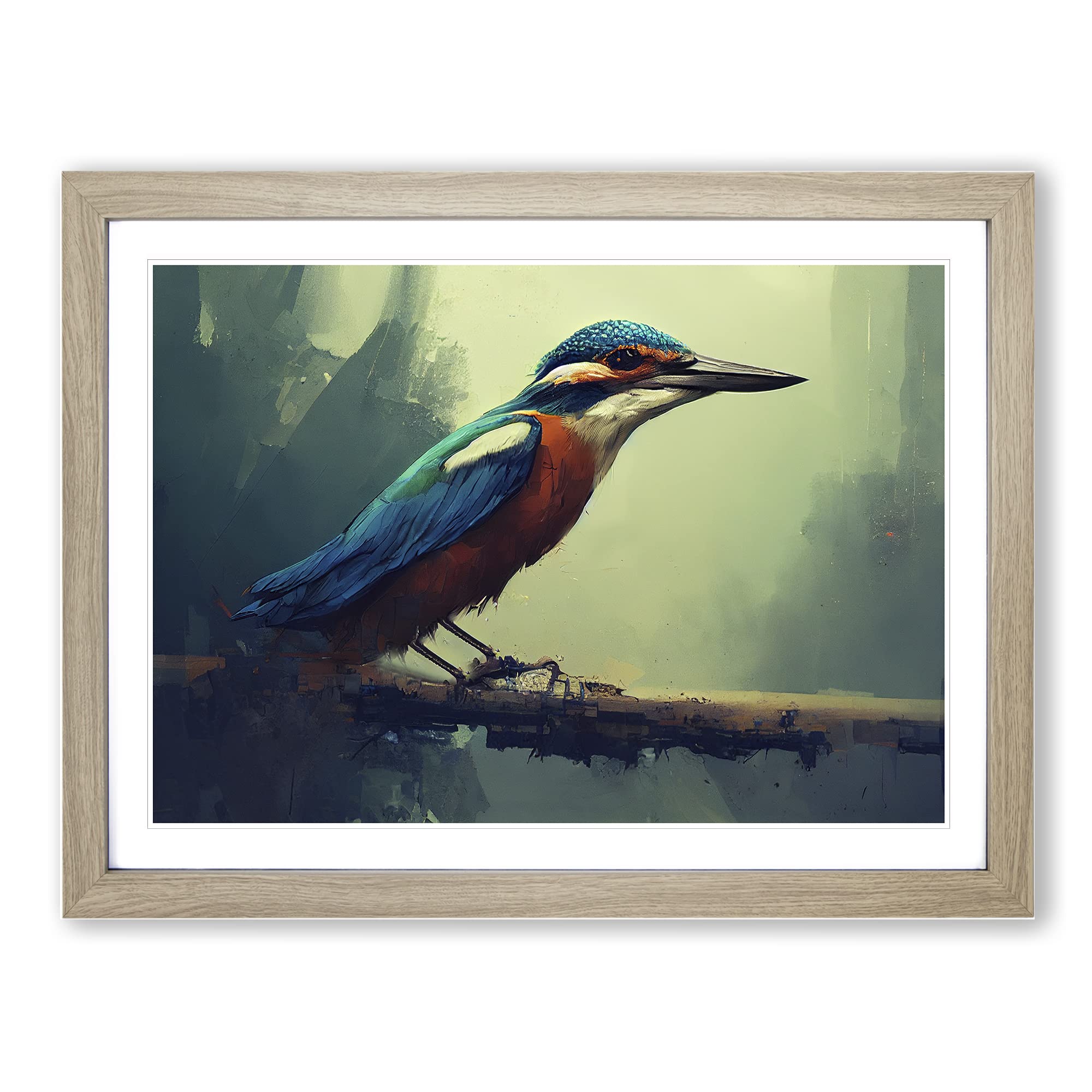 Kingfisher Bird Art Painting Vol.3 Framed Print | A3 Oak Framed Wall Art | Ready to Hang | Modern Historical Picture | Living Room Bedroom Lounge Office