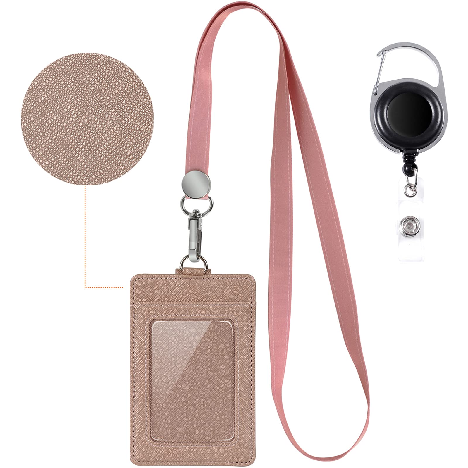 Life-Mate Badge Holder - Leather ID Badge Card Holder Wallet Case with 3 Cards Slot and Neck Lanyard/Strap. Additional Retractable Badge Reel with Belt Clip (Rose Gold)