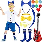 Fabllewavi 12 Pcs Blue Cat Costume Accessories Set - Cat Ears Headband Tails Glasses Bowtie Heart & Button Stickers Guitar Shaped Balloons Stockings for Halloween Read Book Day Kitty Dress Up
