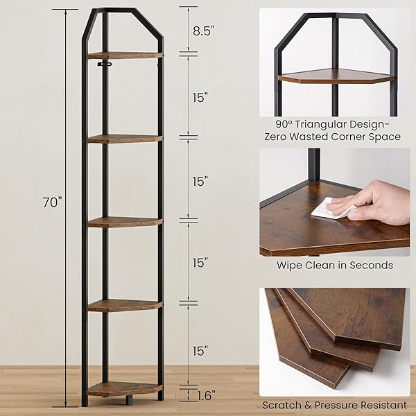 REALGULF 70 INCH CORNER SHELF WITH LED LIGHTS, 5-TIER CORNER BOOKSHELF FOR SMALL SPACES, WOOD & METAL STORAGE RACK FOR BEDROOM, LIVING ROOM, OFFICE – MODERN SPACE SAVING DESIGN- BROWN