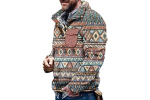 TOWMUS Mens Hoodie Men Fuzzy Sherpa Pullover Sweatshirts Winter Warm Plaid Aztec Printed Turtleneck Sweaters Coats