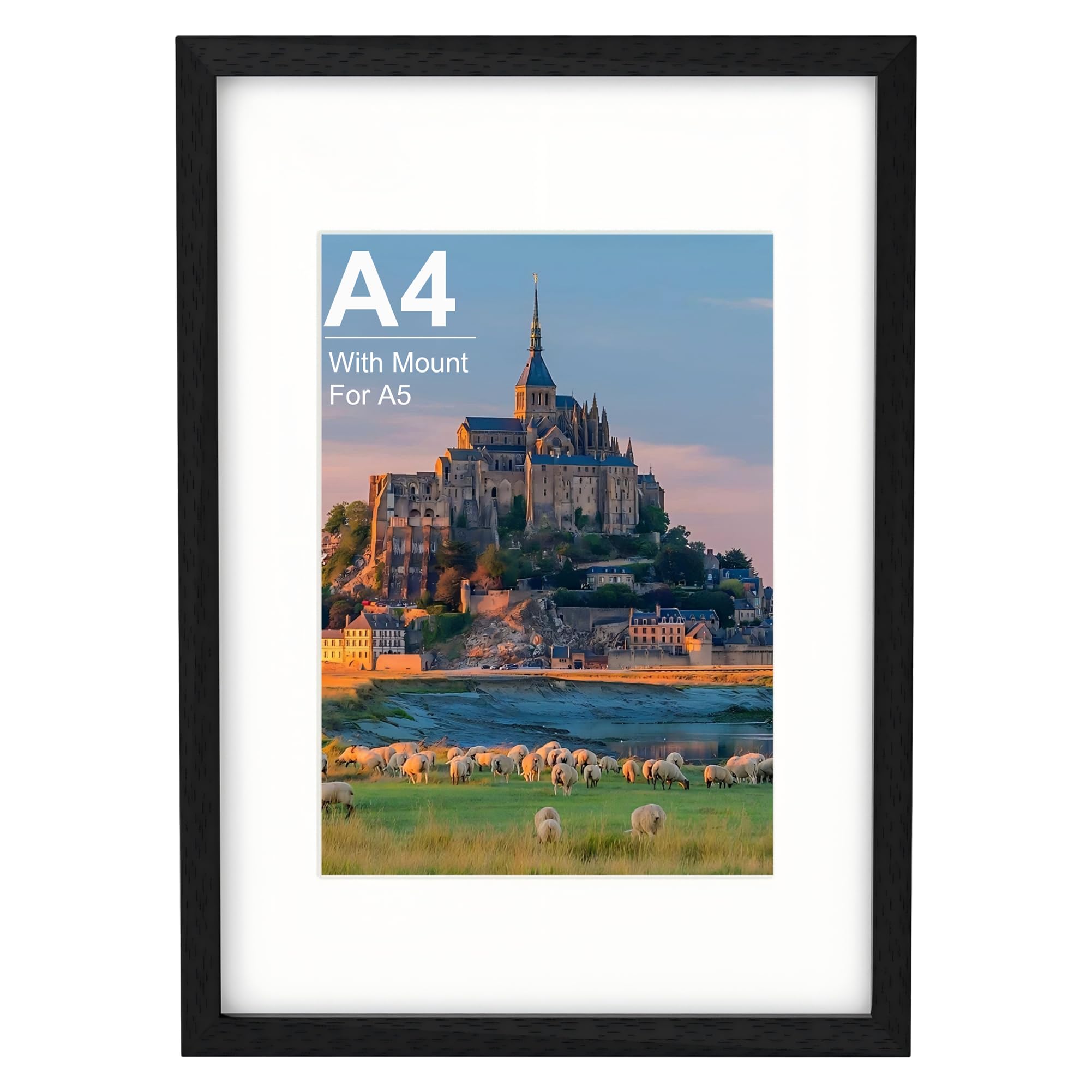 A4 Picture Frame, Wooden A4 Photo Frame 21 x 29.7 cm Inches with A5 Mount, Poster Frame for Certificates and Artwork, Wall Mount Horizontal or Vertical