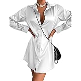 Zeagoo Women's Stain Long Sleeve Dress Button Down Shirts Tunic Dresses Casual V-Neck Mini Dress with Belt