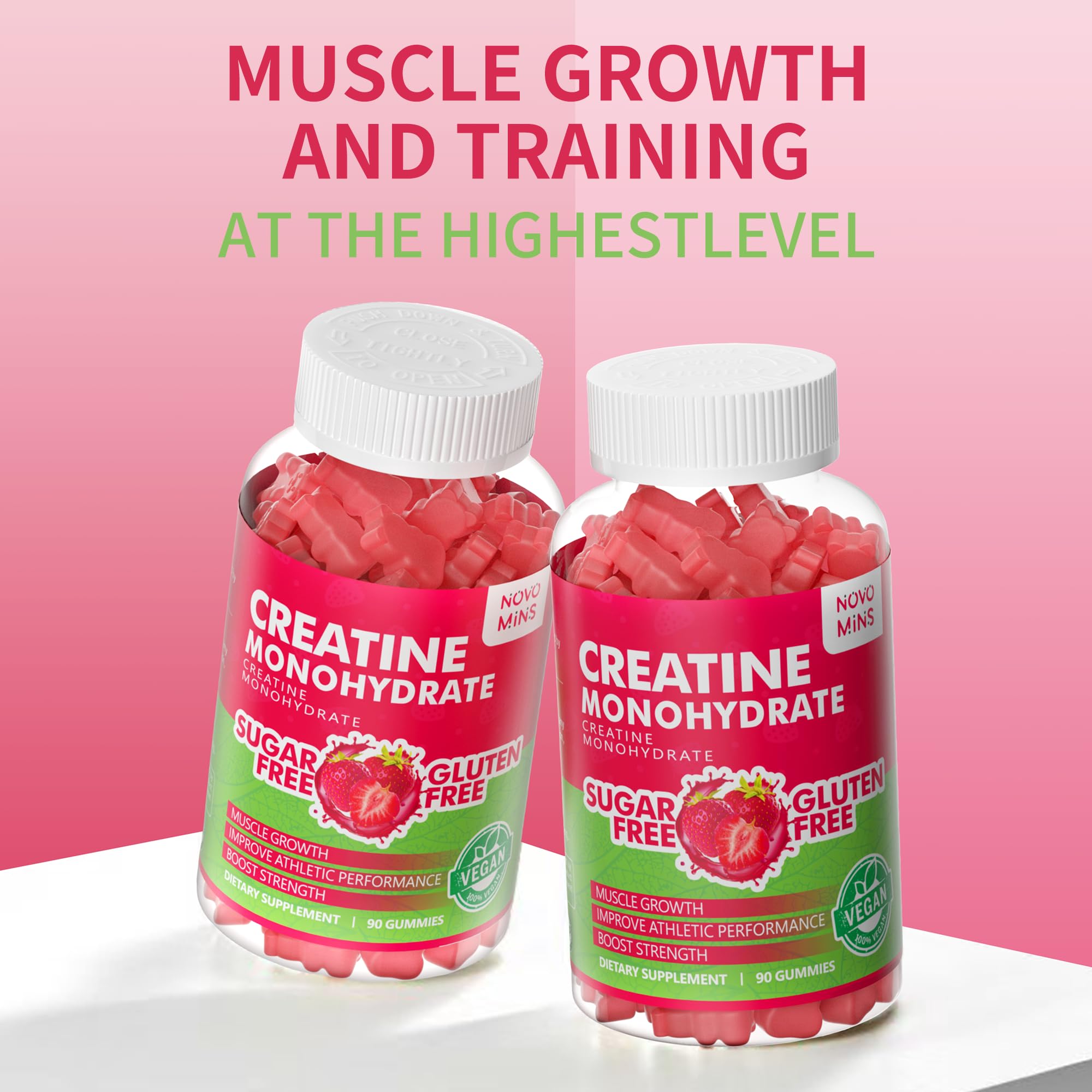 Novomins Creatine Monohydrate Gummies 5000mg for Men & Women, Chewables Creatine Monohydrate for Muscle Strength, Muscle Builder, Energy Boost, Pre-Workout Supplement(90 Count)-Strawberry Flavor
