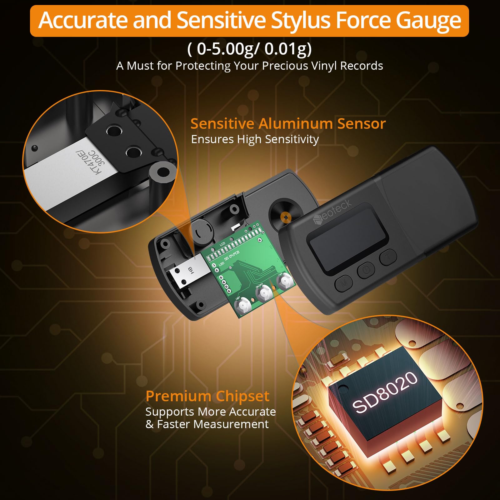 Neoteck Digital Turntable Stylus Force Scale Gauge 0.01g/5.00g Orange LCD Backlight for Tonearm Phono Cartridge-Silver Grey
