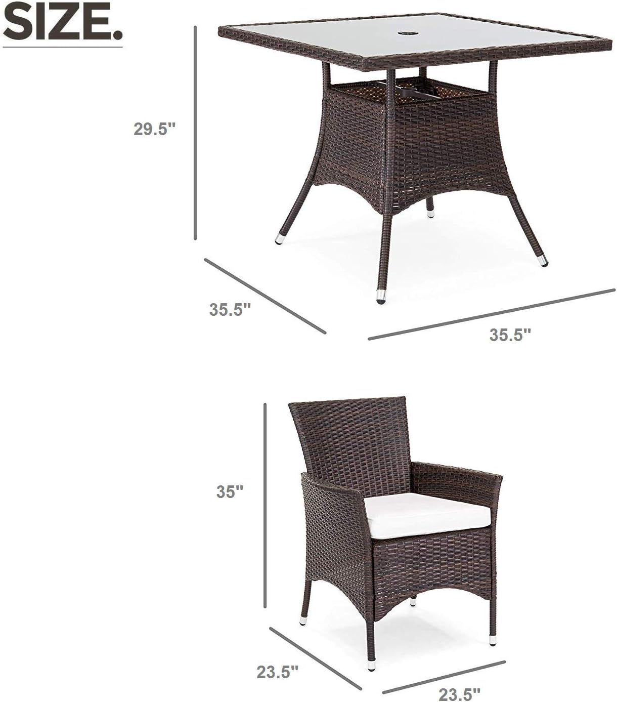 OAKVILLE FURNITURE 61205 5-Piece Patio Set Square Glass Top Dining Table with Standard Umbrella Hole 4 Outdoor Chairs, Brown Wicker, Beige Cushion: Garden & Outdoor