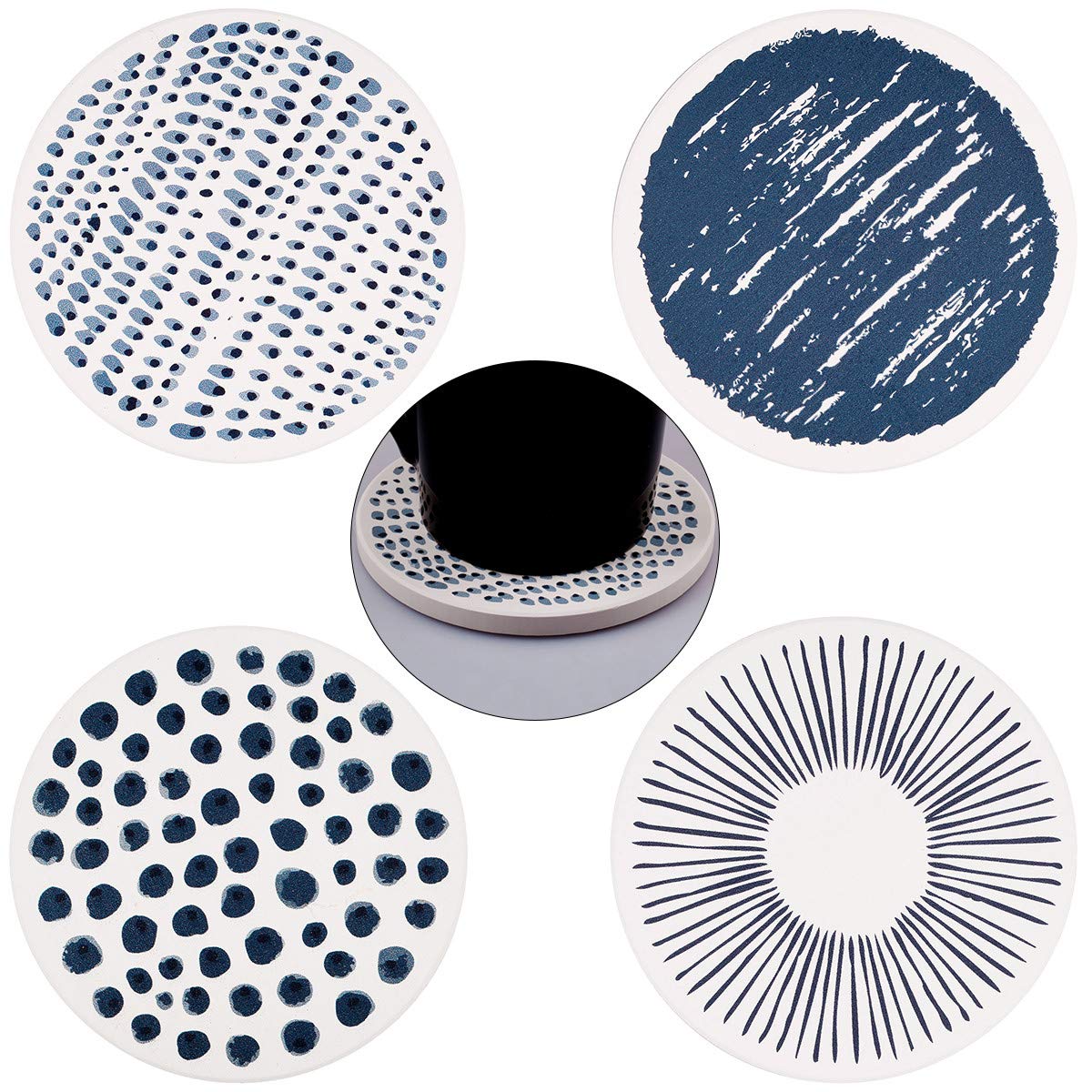 KYEYGWO Natural Diatomite Absorbent Coasters Set of 4, Round Drink Coasters with Cork Backing, Stone for Home Decoration