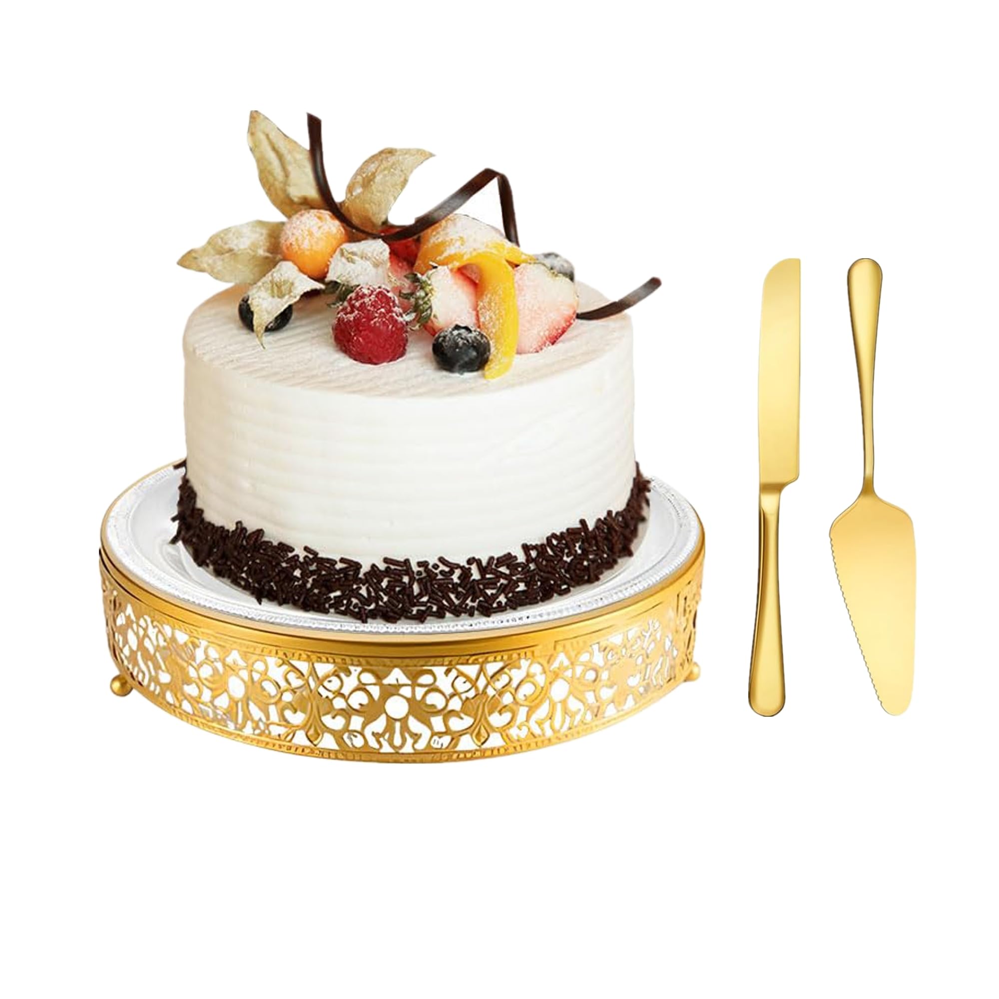 Photo 1 of MTJYQTF Gold Cake Stand Set - Metal Round Cupcake Dessert Stand with Cake Cutting & Cake Spatula for Party, Candy Table Display for Wedding Birthday Baby Shower?12x12x2.4 IN? CS003-pan