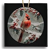 Ebroniah Cardinal Red Bird Christmas Winter Ceramic Ornaments, Snowy Branch Hanging Round Holiday Ornament Decor, Vintage Memorial Gifts Keepsake for Women Car Window Decorations 3in