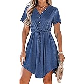 CUPSHE Women Summer Dresses Drawstring Button Front Short Sleeve V Neck Mini Dress Short Sleeve Sundress