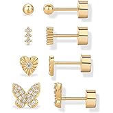 PAVOI 14K Gold Plated Dainty Flat Back Earrings for Women - Hypoallergenic Sterling Silver Posts Helix Cartilage Piercing Jewelry - Emoji Motif Bow Celestial Flatback Gold Stud Earrings Screw Back