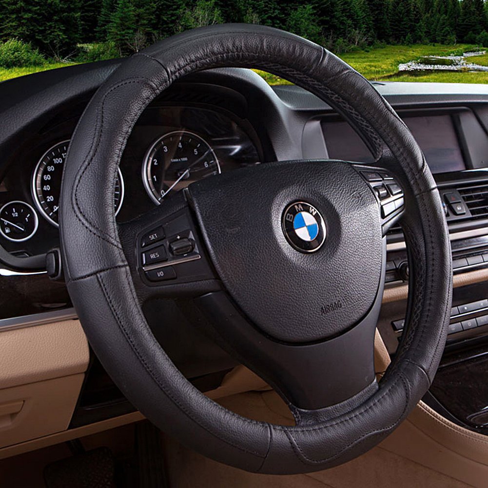 Movement Fashion Genuine Leather Car Steering Wheel Cover Fits 38cm 15 inch Auto Steering Breathable Anti Slip Skidproof - Black