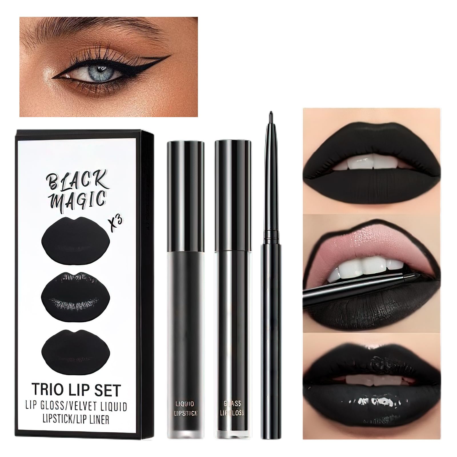 LFCFBH 3PCS Waterproof Black Lipstick Matte, Long-Lasting Moisturizing Black Lip Liner for Gothic Makeup