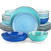 vancasso Bonita Dinnerware Set 24 Pieces Blue Stoneware Service for 6, Handpainted Spirals Pattern Stoneware Combination Set