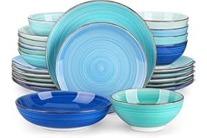 vancasso Bonita Dinnerware Set 24 Pieces Blue Stoneware Service for 6, Handpainted Spirals Pattern Stoneware Combination Set