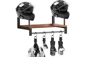 CLBDRESS Helmet Rack Wall Mount, Durable Motorcycle Helmet Holder, Vintage Helmet Stand Display, Multi-Function Motorcycle Helmet Rack with 4 Glove Clips, Helmet Hanger for Motorcycle Accessories