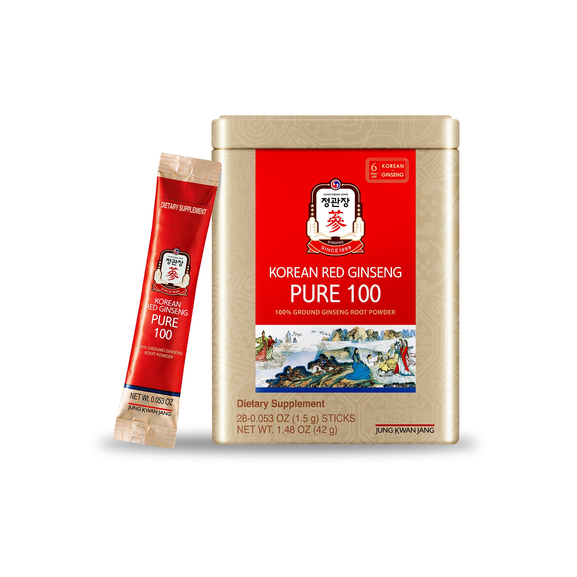 JungKwanJang Korean Red Ginseng Pure 100 - Panax Ginseng Powder Stick Supplements - Energy Boost & Immune Support - Vegan, Caffeine Free, Gluten Free & Non-GMO (Net Wt. 1.48 oz, 30 Sticks)