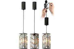 mirrea H-Type Black Rectangular Mini Crystal Track Lighting Pendant with E26 Socket, Adjustable Track Pendant Lights Kitchen Island for Kitchen, Dining Room and Living Room, Pack of 3