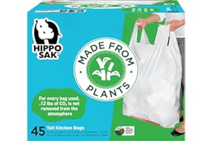 Hippo Sak - Plant Based Tall Kitchen Garbage Bags with Ergonomic Handles - 13 Gallon Trash Bags - Recyclable & Eco Friendly - Super Strong and Leak Proof Tall Kitchen Trash Bags (45 Count)