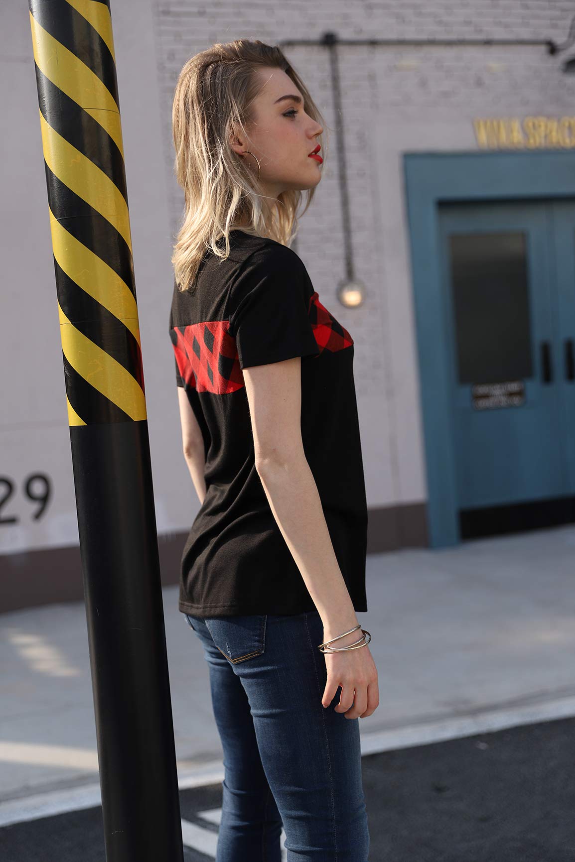 Blooming Jelly Women\'s Short Sleeve Crew Neck T Shirt Color Block Plaid Shirt Pullover Checkered Top (S, Red Plaid)