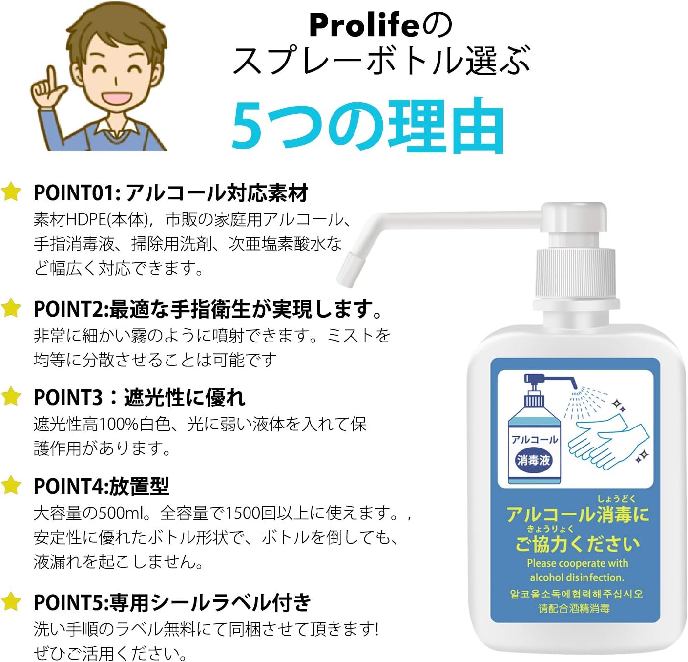 Amazon Prolife スプレーボトル アルコール対応 霧吹き 500ml Hdpe 遮光 噴霧器 置き型 手指消毒用 手圧ボトル 詰め替えボトル 16個セット デザイン2 Prolife コスメ用詰替え容器 通販