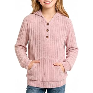 Haloumoning Girls Ribbed Hoodies Casual Long Sleeve Button Front Sweatshirt | Kids Hooded Pullover Tops with Kangaroo Pocket