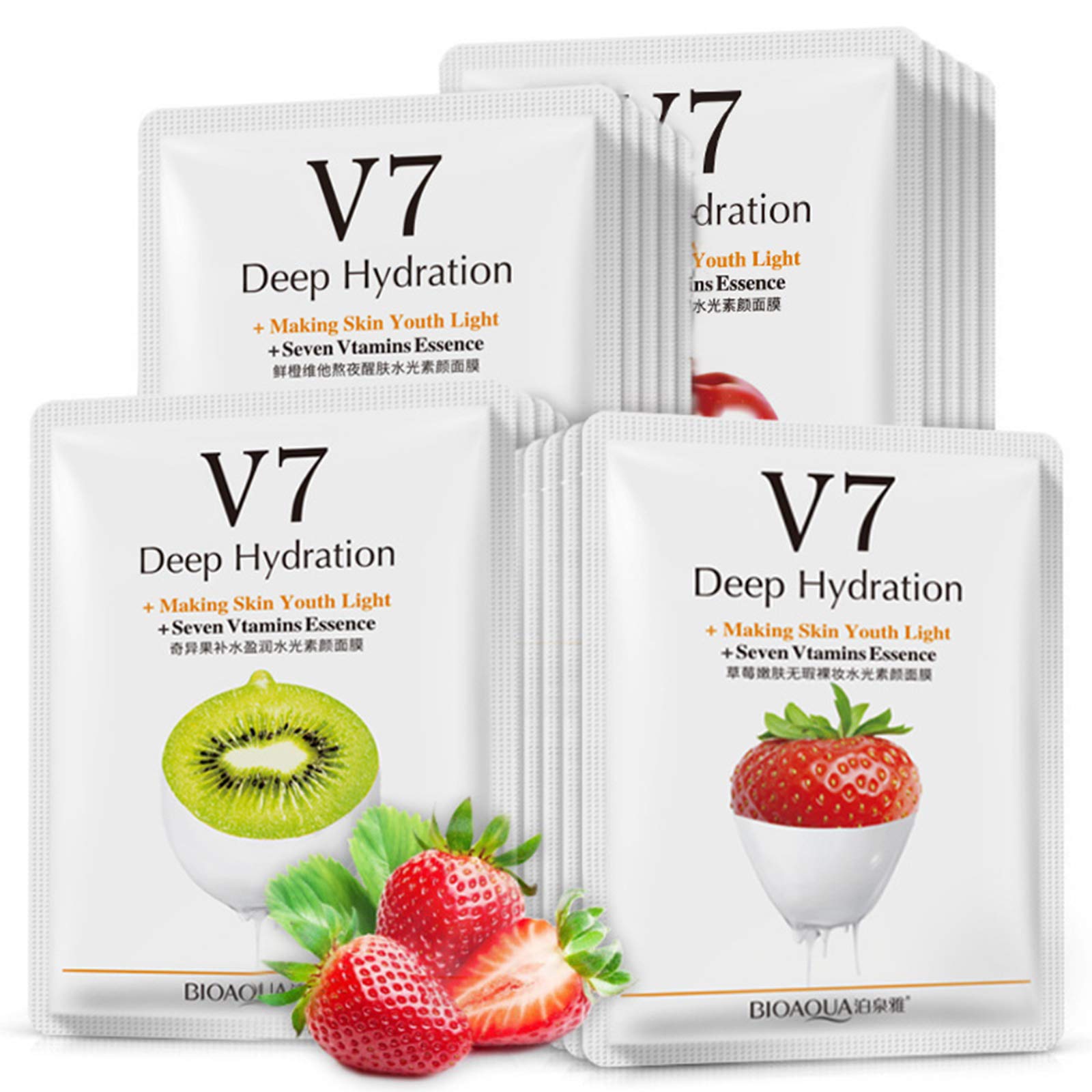 BIOAQUA V7 Deep Hydration Making Skin Youth Light Seven Vitamins Essence Orange Kiwi Apple Strawberry Mask Refreshing Moisturizing Natural Extract 30g - 8 PCS