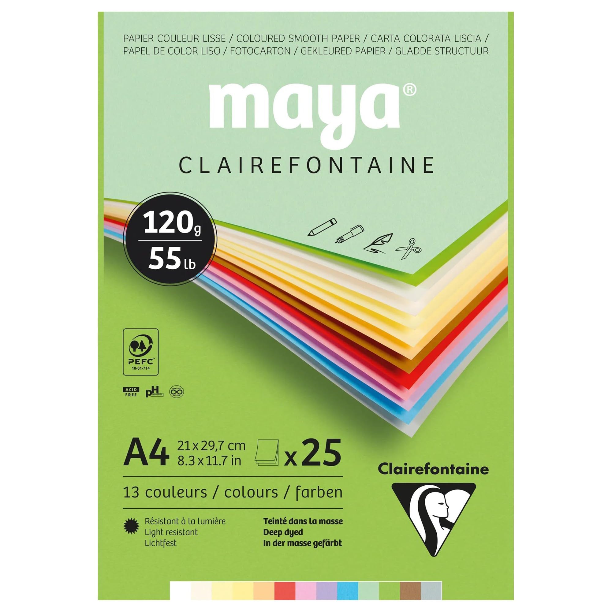 Clairefontaine - Ref 975332C - Maya Pastel Coloured Drawing Pad (Pack of 25 Sheets) - 120gsm Paper - A4 (29.7 x 21cm) - Assorted Colour - Deep Dyed, Acid Free, pH Neutral