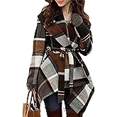 Melliflo Womens Turn Down Shawl Collar Waistband Outerwear Plaid Coat Long Sleeve Asymmetric Hemline Cotton Coat