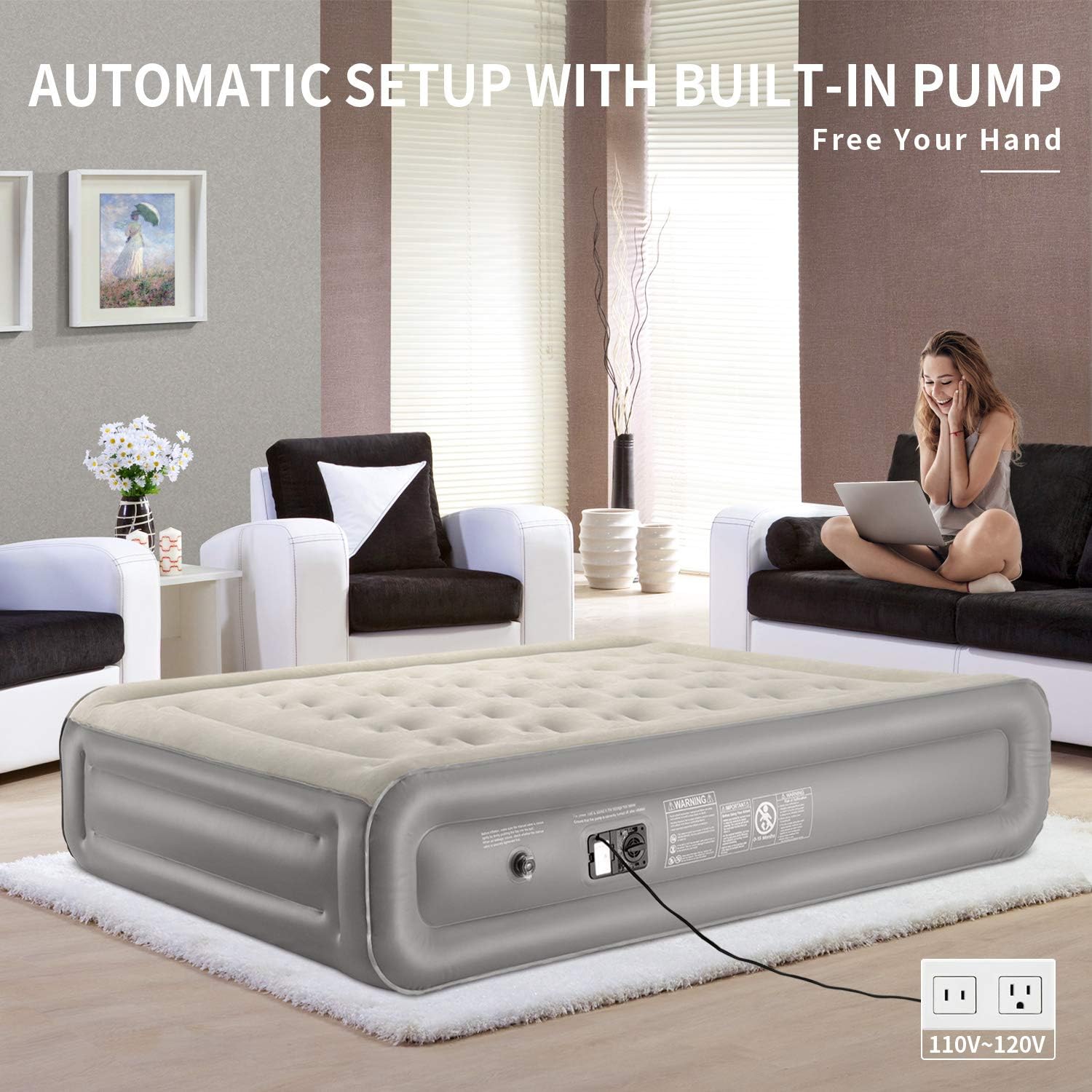 Queen Air Mattress With 120V AC Built-In Pump For Guest, Inflatable Raised Air Bed With Comfortable Top, Elevated Foldable & Portable Airbed With Durable Carrying Bag For Camping, 80×60×18 Inch : Sports & Outdoors