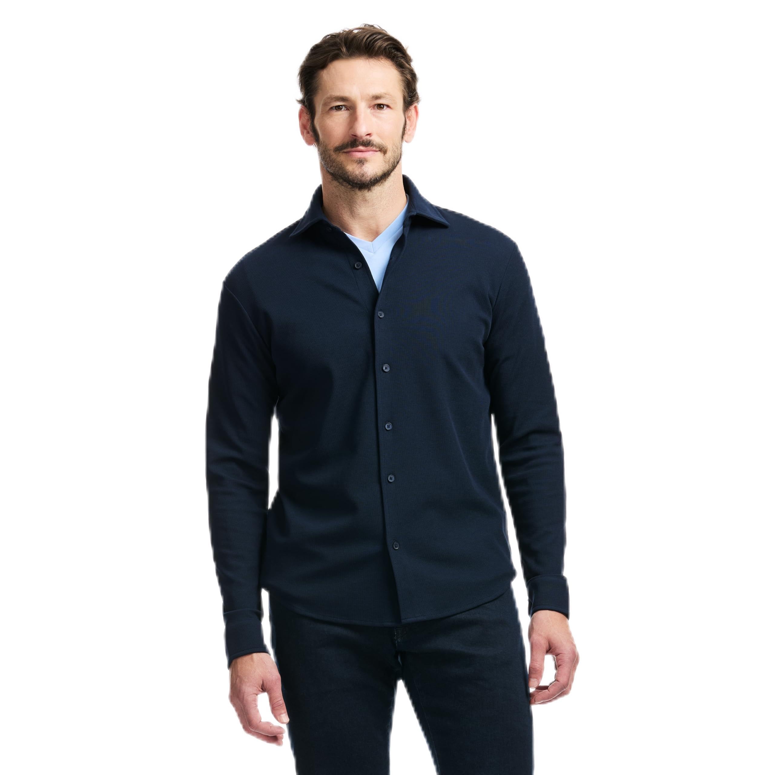 SAKS Fifth Avenue Men’s Long Sleeve Textured Pique Button Down, Premium Cotton Blend Knit Top, Classic-Fit & Richly Detailed, Navy, XXL