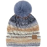 C.C Multi Color Space Dye Wool Stretchable Soft Warm Pom Beanie with Faux Fur Pom Knit Winter Skully Hat.