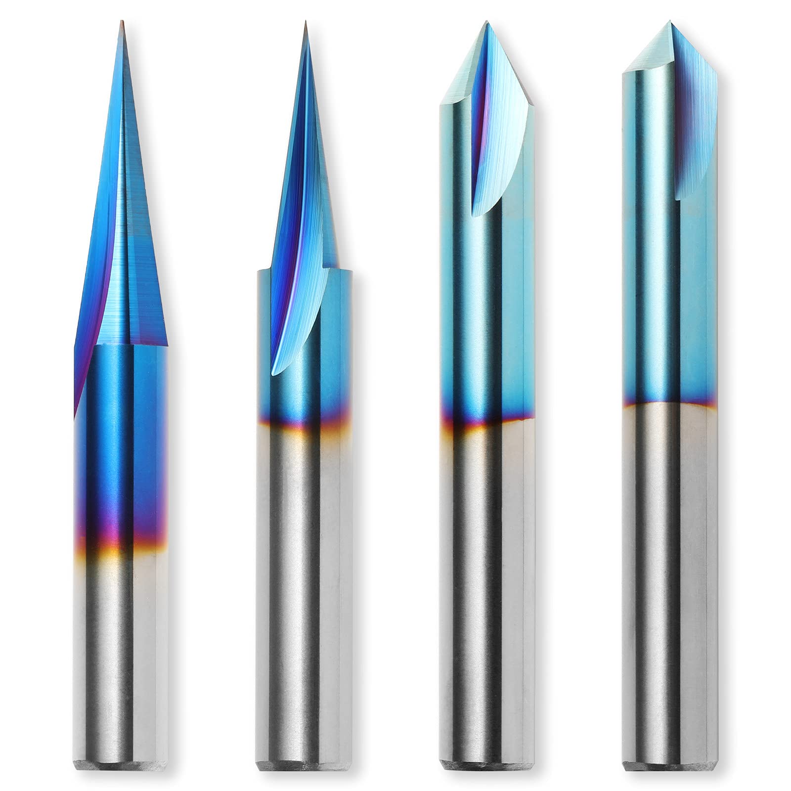 CNC Wood Carving Router Bits Set, 1/4'' Shank, 4 PCS, 15° Detail Carving Liner+ 20° Profile bit+ 60° & 90° V Groove, WC04A