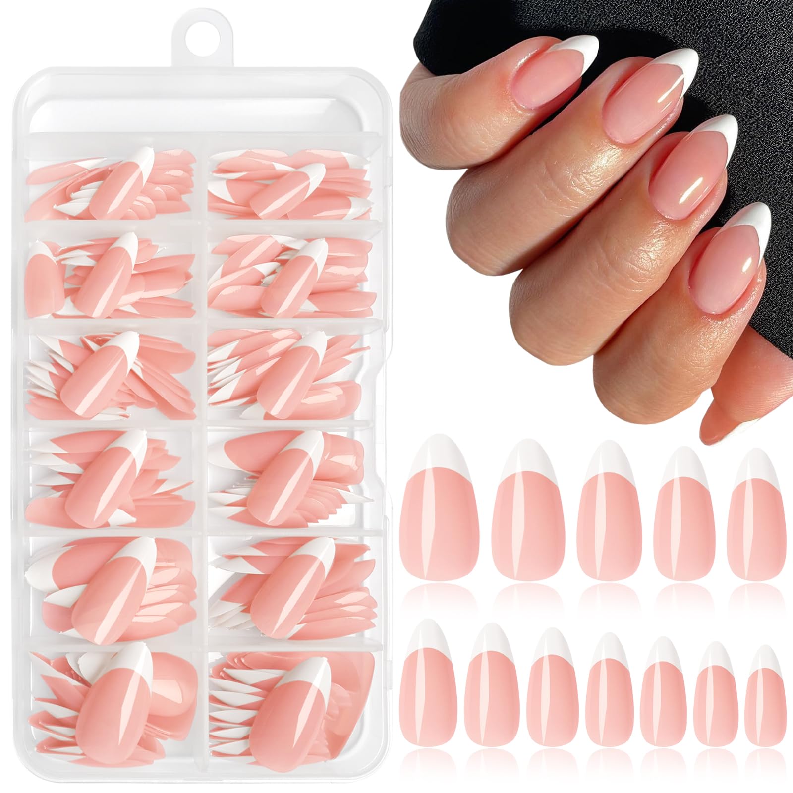 Photo 1 of Lifextol 216PC White French Tip Press on Nails Medium Fake Nails Press ons with 10*Adhesive Tabs, Pink Almond Acrylic Nail Press on Nails French Tip Nails False Artificial Fingernails Stick on Nails
