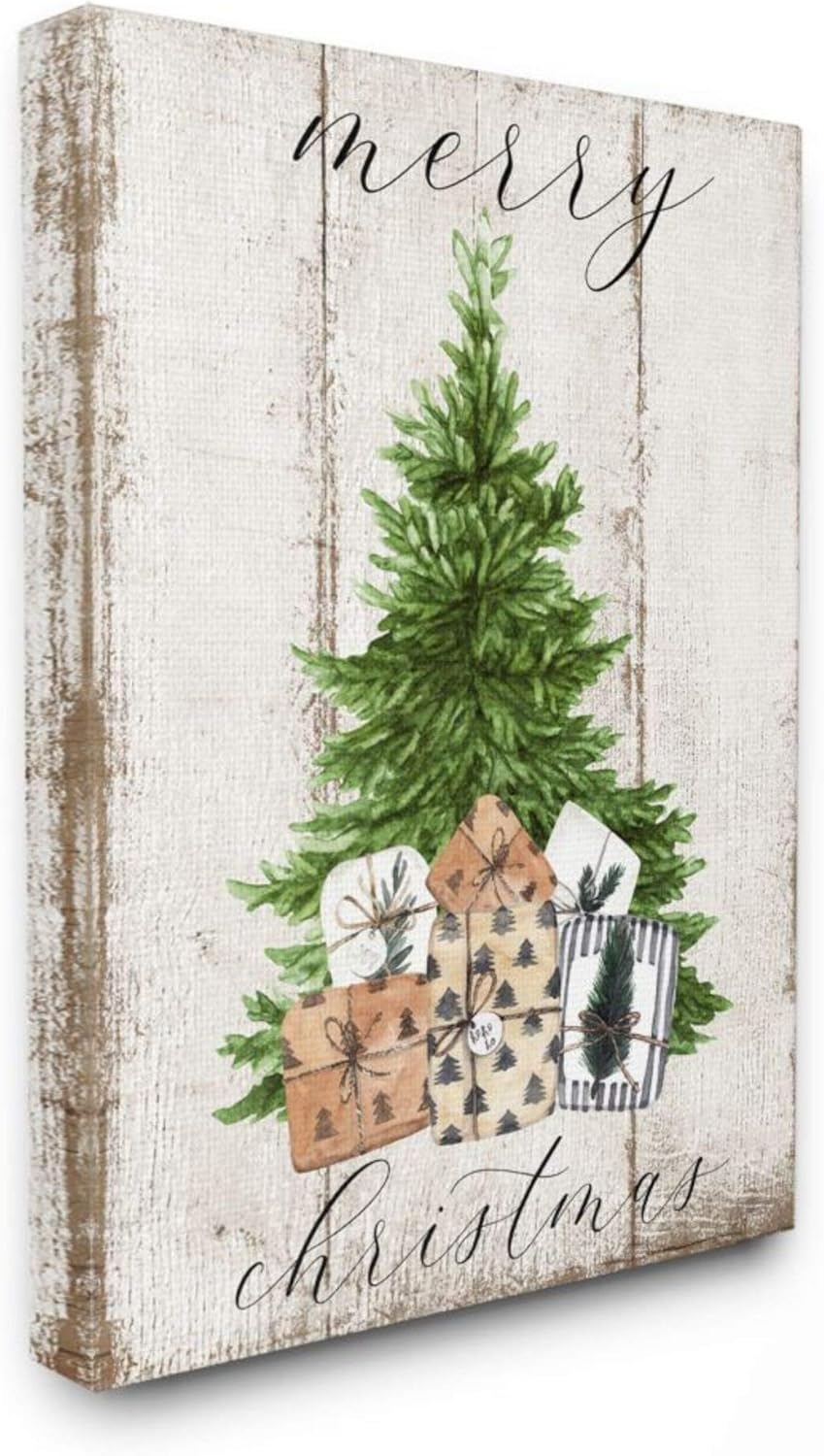 Wall Décor - Stupell Industries Rustic Distressed Merry Christmas Tree Illustration Canvas Deborah Brown Wall Art, 16 x 20