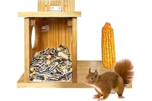 LENEDI Wooden Squirrel Feeder for Outside, Durable Chipmunk House Box Corn Holders for Peanuts, Top Lid Opens for Easy Filling & Clean with Removable Front Panel, Weatherproof