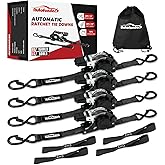 Autofonder Retractable Ratchet Straps with Soft Loops (4 Pack)-(1,500lb Break Strength)-1 Inch x 12 Feet Heavy Duty Auto Self Retracting Tie Down Strap for Truck, Cargo Trailer, Motorcycle, Rad & More