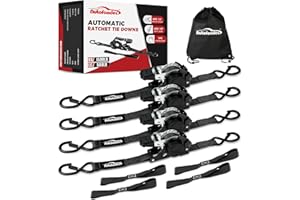 Autofonder Retractable Ratchet Straps with Soft Loops (4 Pack)-(1,500lb Break Strength)-1 Inch x 12 Feet Heavy Duty Auto Self Retracting Tie Down Strap for Truck, Cargo Trailer, Motorcycle, Rad & More
