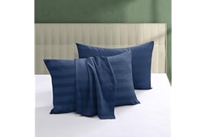 SHUNJIE.HOME 100% Egyptian Cotton Pillow Protectors Set of 4, 600 Thread Count King Size Bed Pillow Cases with Zipper, Sateen Weave Cooling Pillow Cases Quiet and Breathable Easy Care (4PCS, Striped Navy Blue)