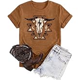 Western Shirts for Women Cow Skull Country Concert Graphic Tees | Vintage cow skull and rodeo graphic adds Western flair to casual outfits, country concerts, rodeos and everyday wear.