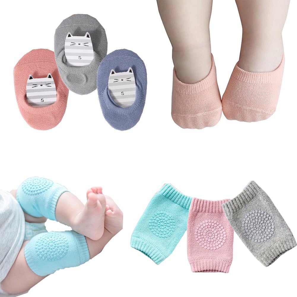 Kneepads and socks Baby Crawling Anti-Slip Knee Pads and Anti Slip Baby Socks Best Infant Gift,Unisex Baby Toddlers Kneepads 3 Pairs Soft Cotton Boys Girls Grip Crawling Socks 3 Pairs