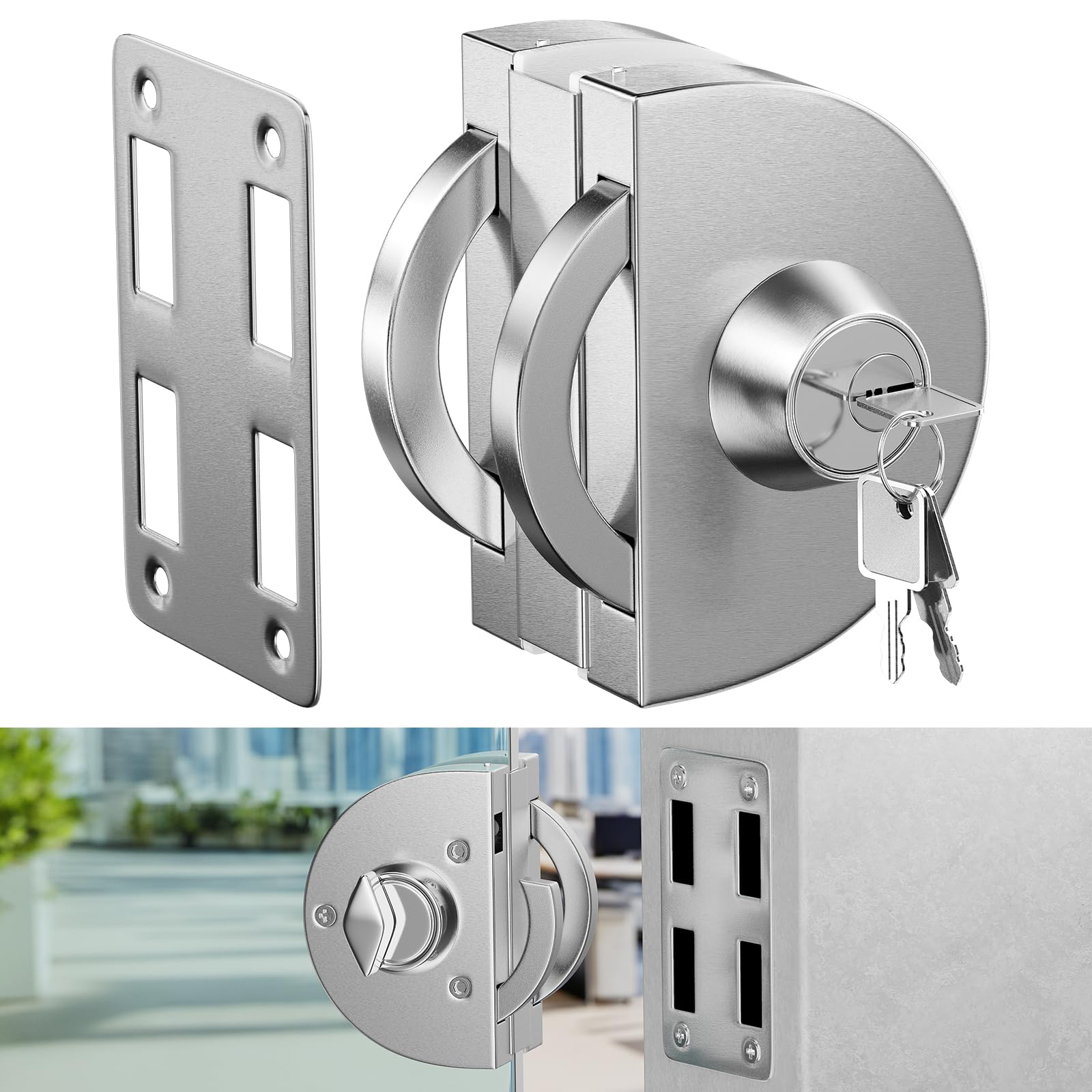 Ranbo Frameless Glass Double Sided Swing Door Lock, No-Drill, 304 Stainless Steel, Suitable for 3/8''-1/2'' (10mm-12mm) Thick Sliding Glass Doors, Office Doors, Commercial Doors, 3 Keys, Brushed.
