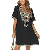 Grosy Women's Embroidered Mexican Peasant Dresses, Plus Size Fiesta Boho Dress for Women, Traditional Floral Bohemian Tunic
